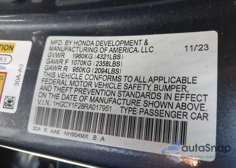 2024 Honda Accord Lx z USA, uszkodzony, nr VIN 1HGCY1F28RA017951